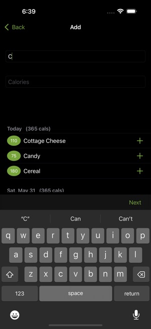 Food entry screen with autocomplete suggestions